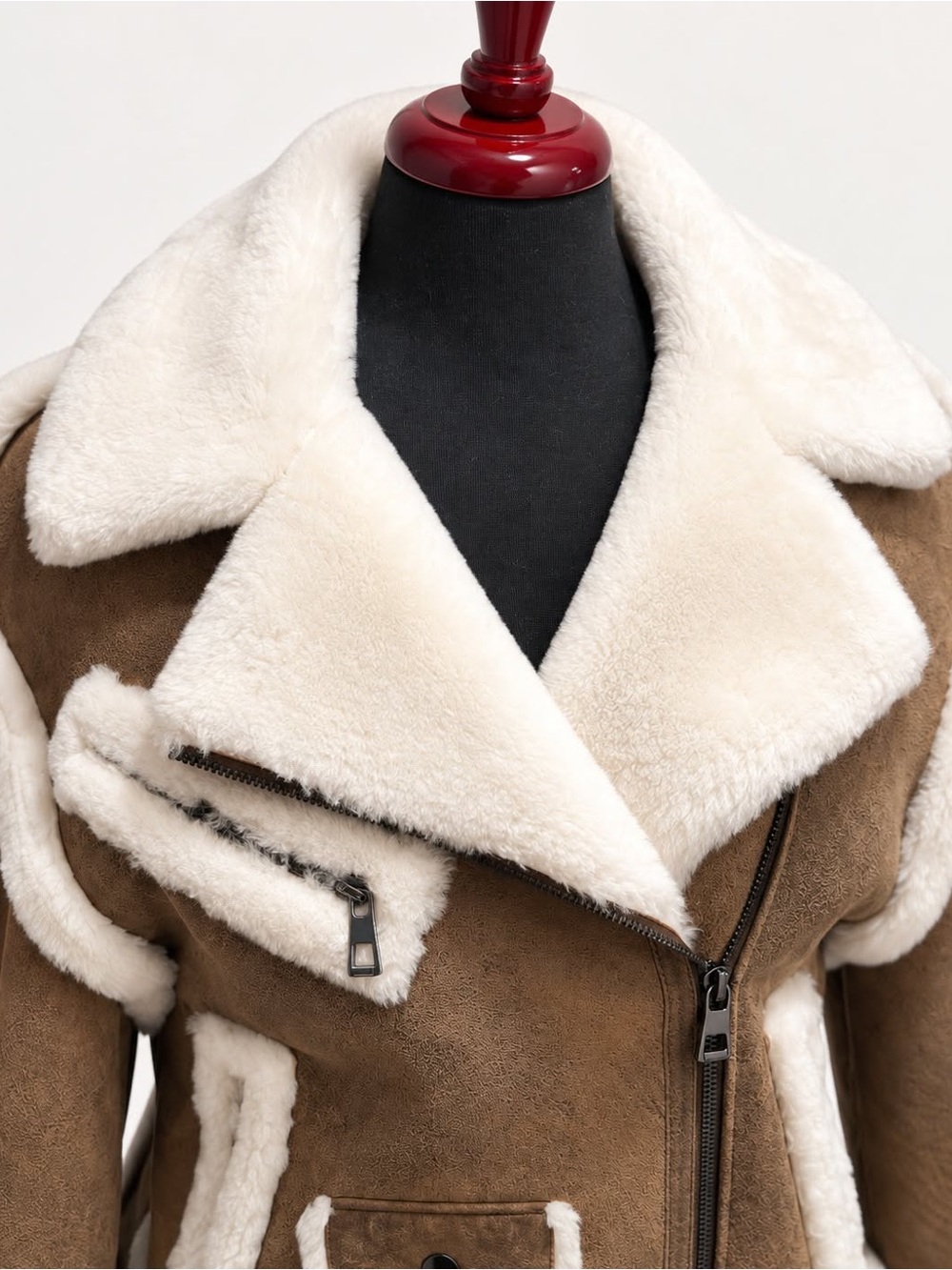 Women’s Brown Faux Shearling Aviator Biker Jacket Cream Fur Trim Zip Up - Picture 4 of 6
